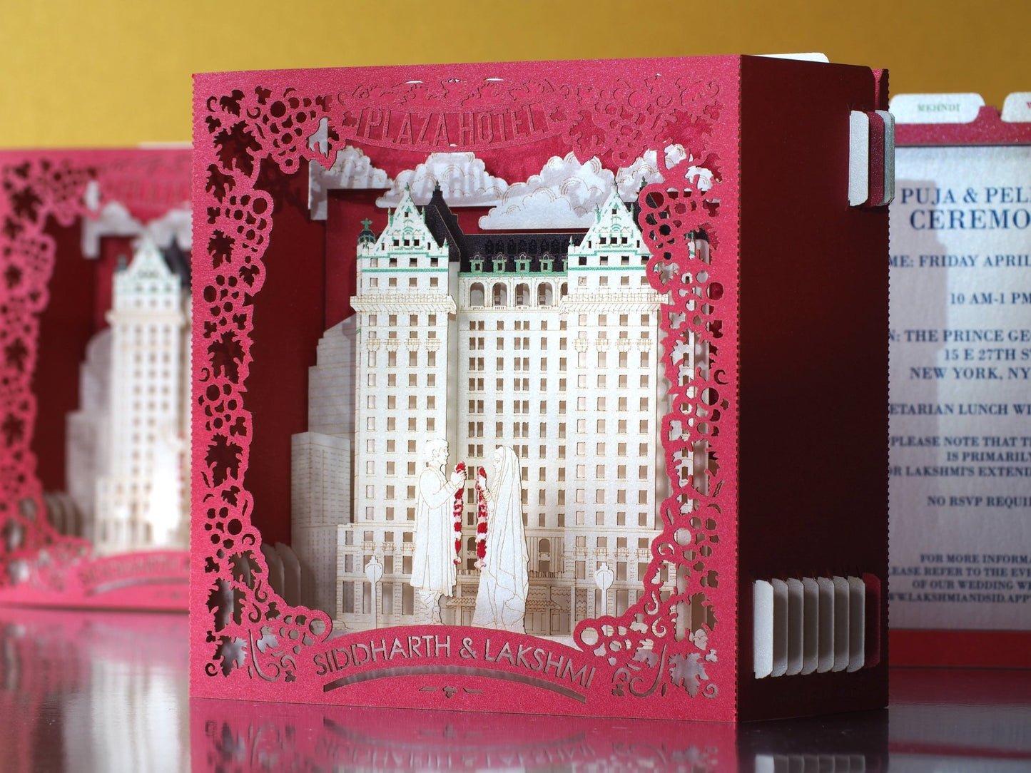 Wedding invitation card. USA, NYC, Plaza Hotel New York. Paper pop up RSVP inserts. Custom text. Bride and groom ColibriGift