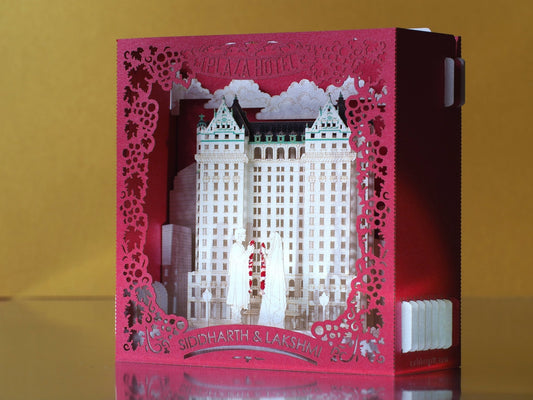 Wedding invitation card. USA, NYC, Plaza Hotel New York. Paper pop up RSVP inserts. Custom text. Bride and groom ColibriGift