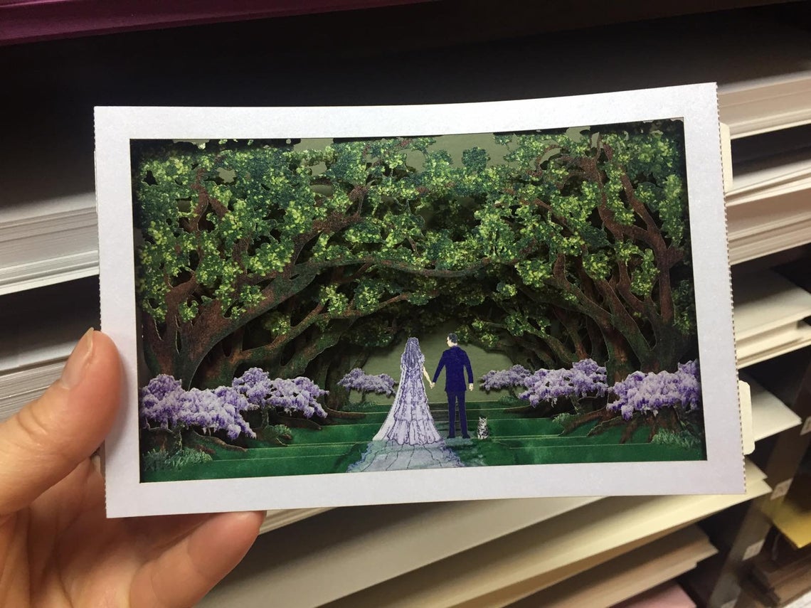 Wedding invitation Forrest, Bride, groom, cat pop-up card - ColibriGift