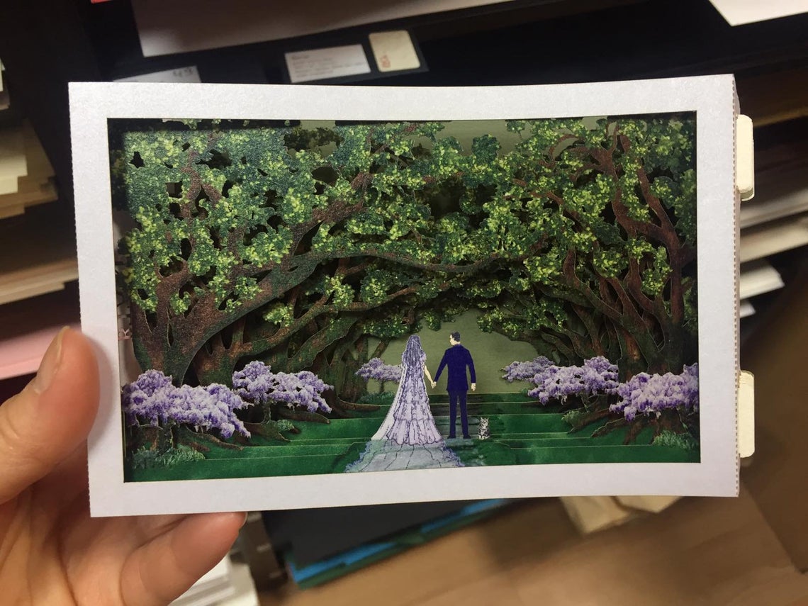 Wedding invitation Forrest, Bride, groom, cat pop-up card - ColibriGift