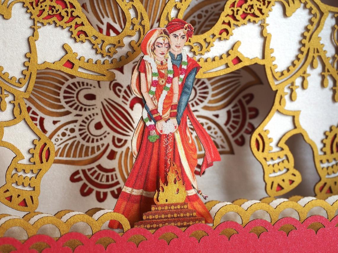 Wedding invitation Indian Mandap elephant torch flowers pop-up card - ColibriGift