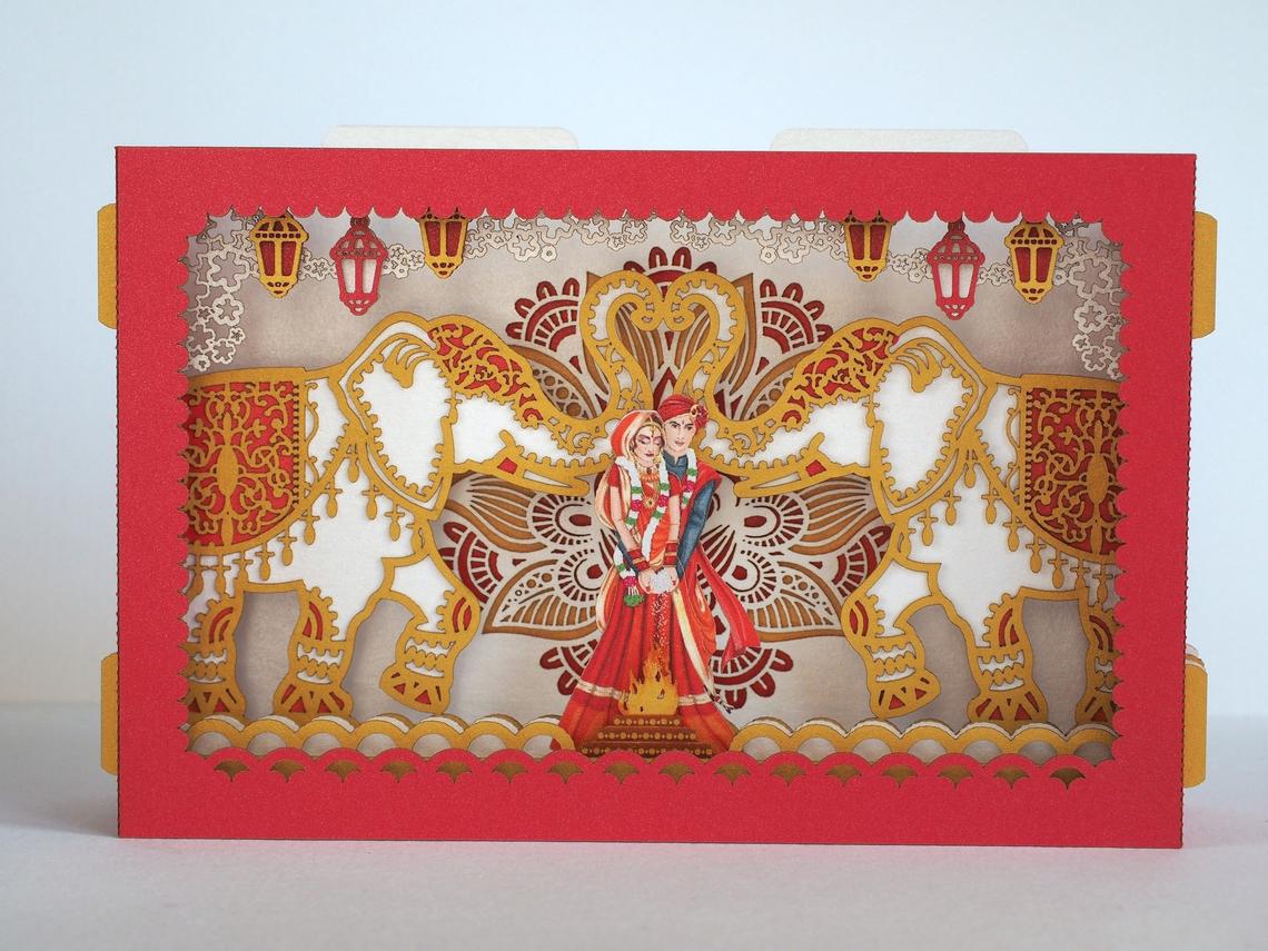 Wedding invitation Indian Mandap elephant torch flowers pop-up card - ColibriGift