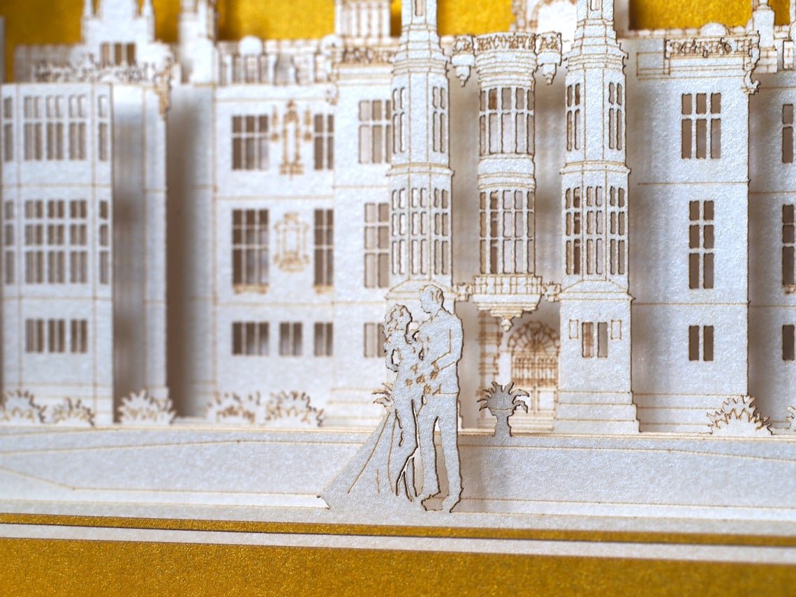 Wedding invitation Lincolnshire England Harlaxton Manor pop-up card - ColibriGift