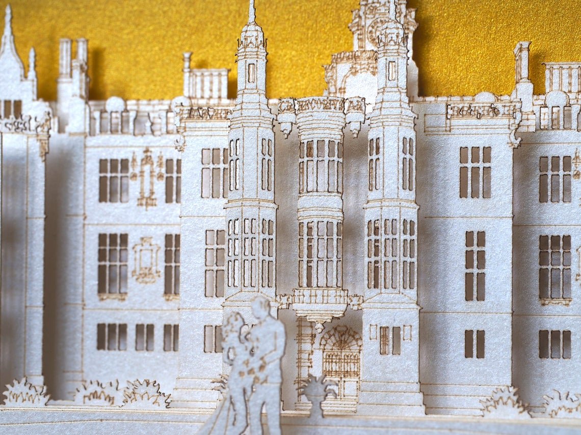 Wedding invitation Lincolnshire England Harlaxton Manor pop-up card - ColibriGift