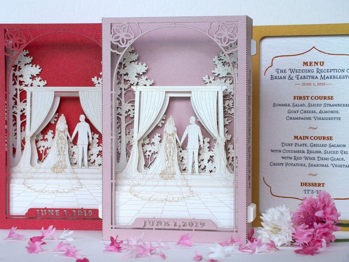 Wedding invitation outdoor garden arch curtains, trees pop-up card - ColibriGift
