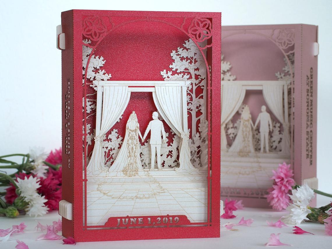 Wedding invitation outdoor garden arch curtains, trees pop-up card - ColibriGift