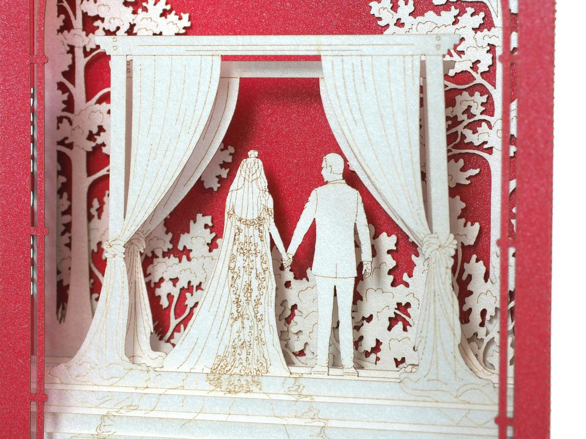 Wedding invitation outdoor garden arch curtains, trees pop-up card - ColibriGift
