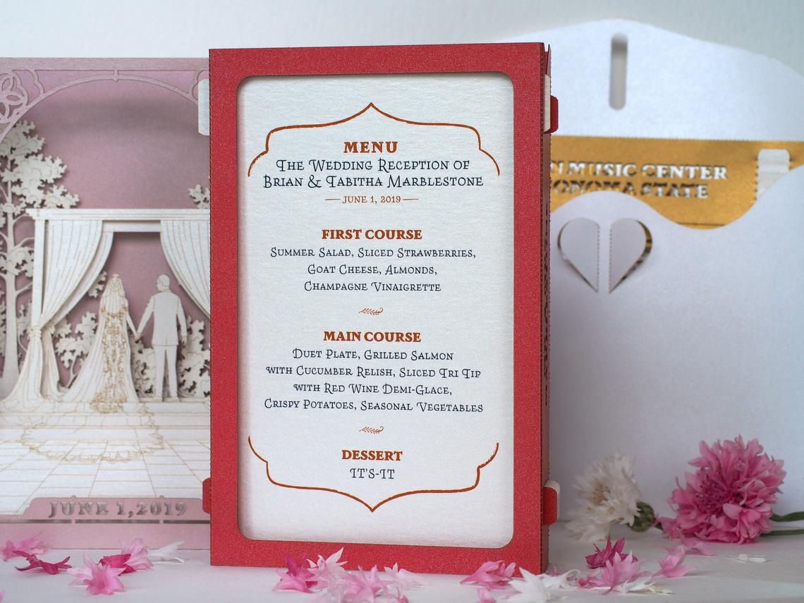 Wedding invitation outdoor garden arch curtains, trees pop-up card - ColibriGift