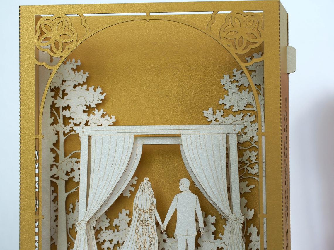 Wedding invitation outdoor garden arch curtains, trees pop-up card - ColibriGift