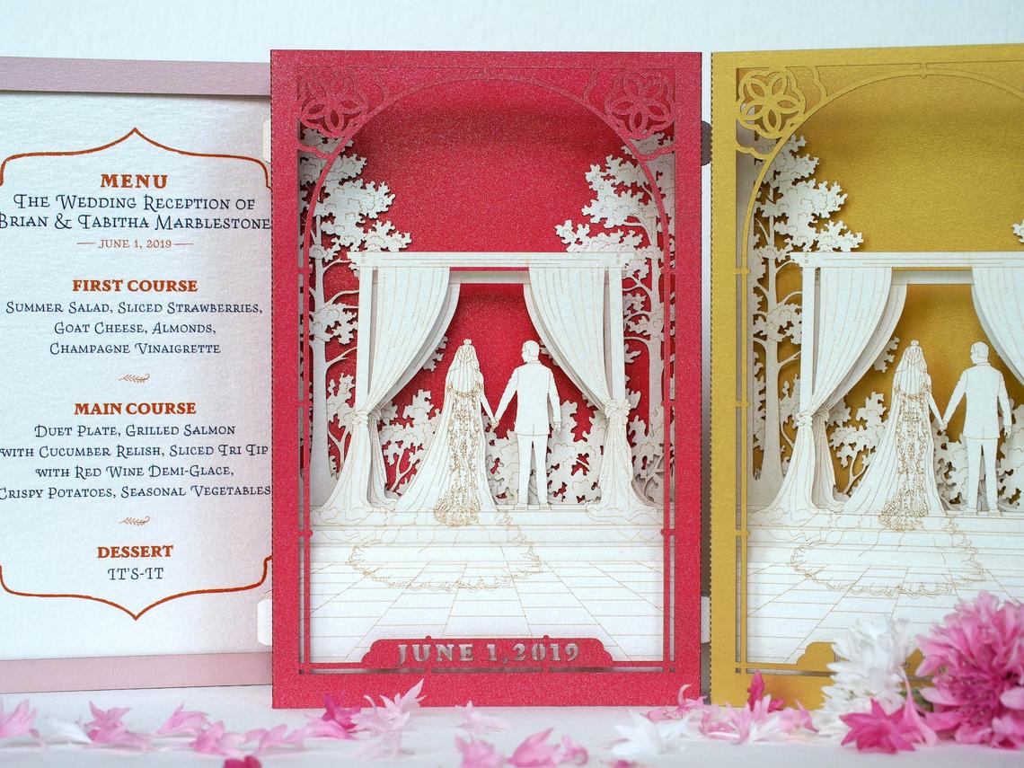 Wedding invitation outdoor garden arch curtains, trees pop-up card - ColibriGift