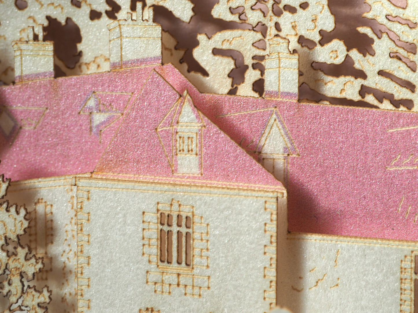 Pop up paper card with pink box and custom laser cut text, wedding invitation that folds flat and has layers inside. Design as a small architecture model of Chateau de Valesne France.