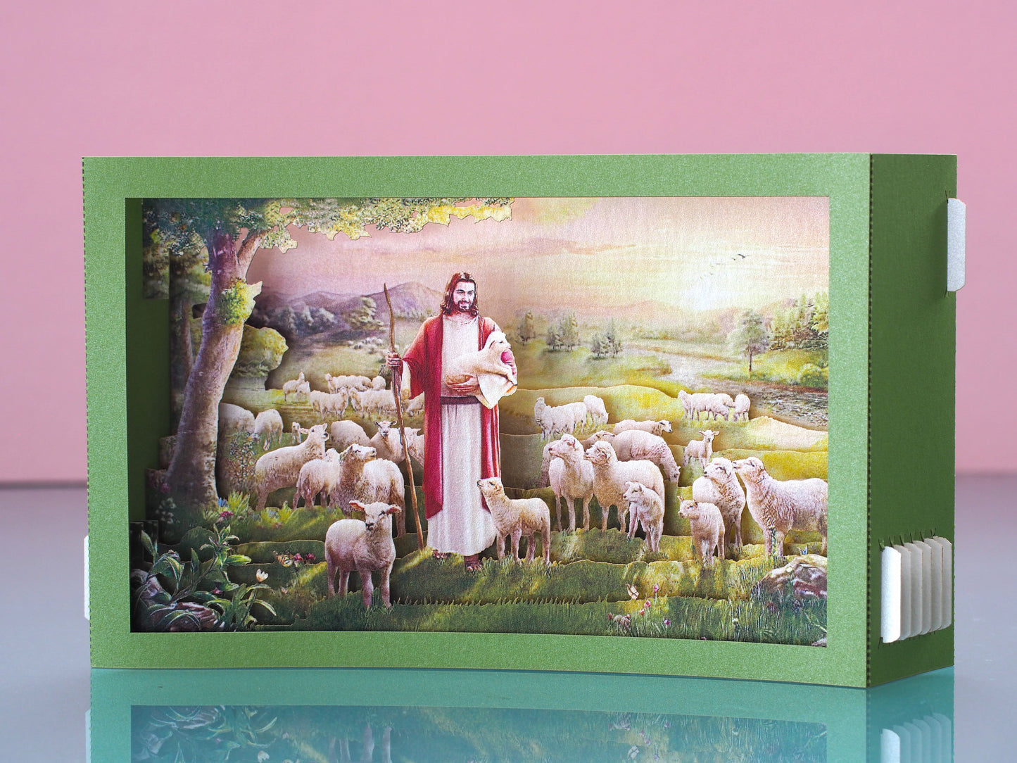 Jesus with Lambs pop up paper card, box folds flat