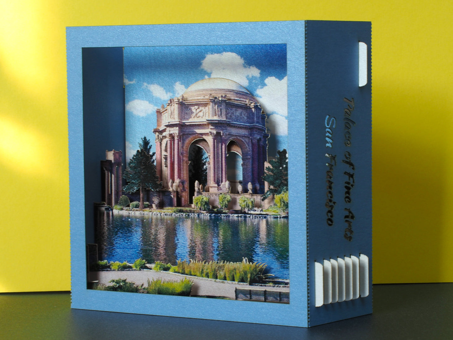 Pop up paper miniature model design of Palace of Arts in San Francisco California, US. Pop up box card, laser cut, folds flat.