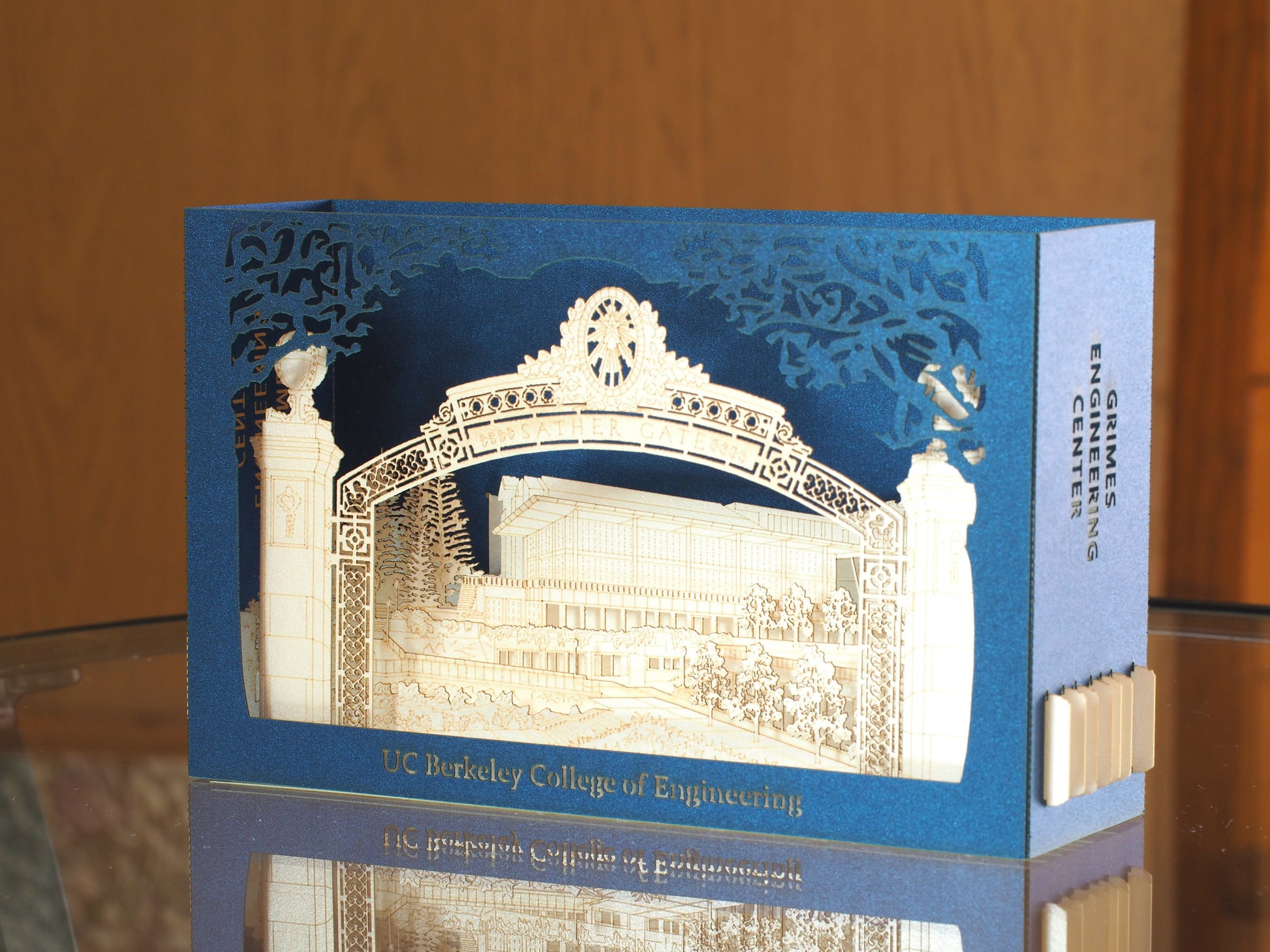 Pop up paper box card with Berkeley Center of Engineering miniature model design
