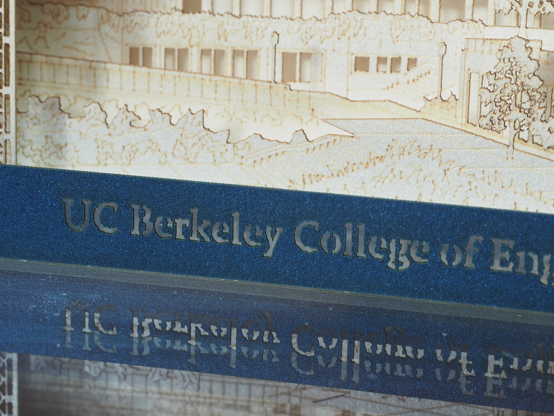 Pop up paper box card with Berkeley Center of Engineering miniature model design