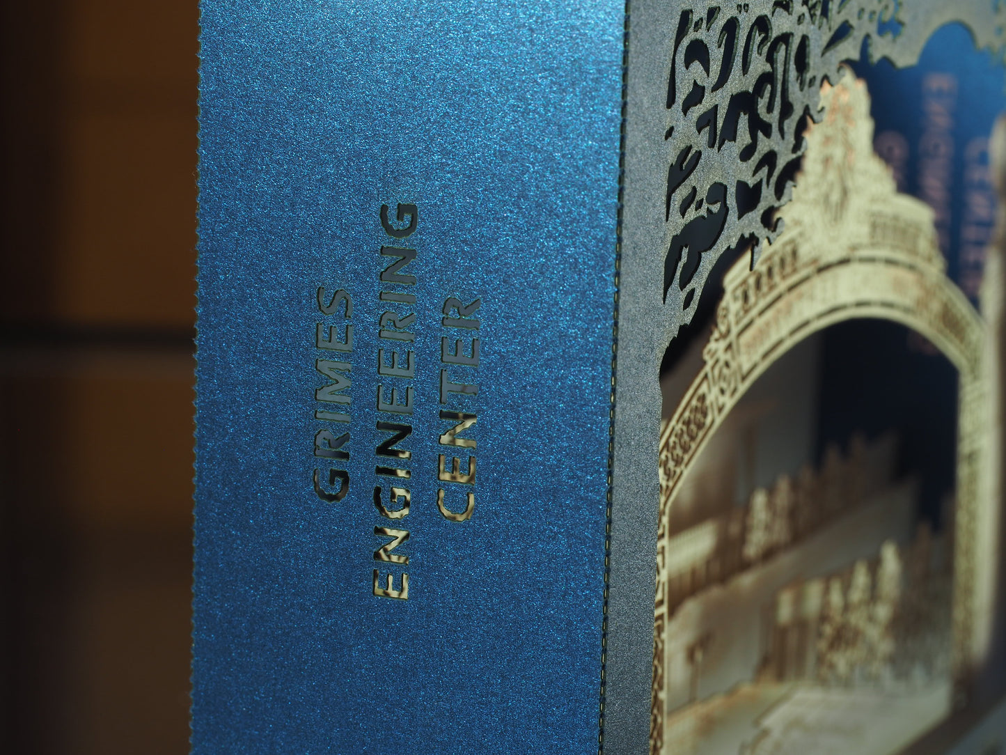 Pop up paper box card with Berkeley Center of Engineering miniature model design