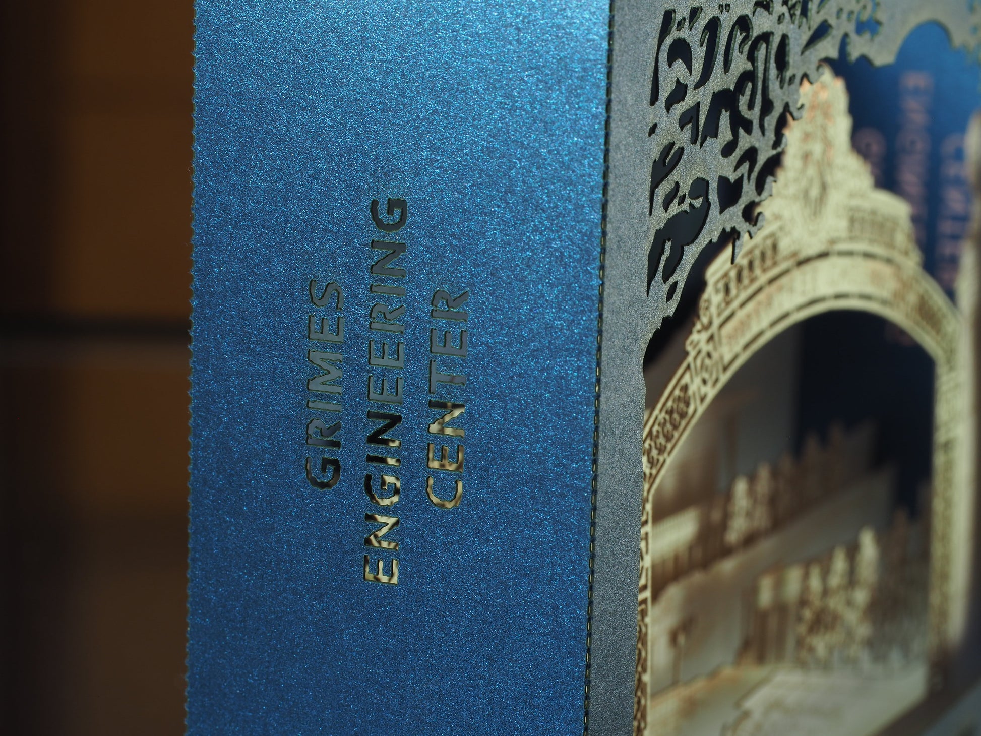 Pop up paper box card with Berkeley Center of Engineering miniature model design