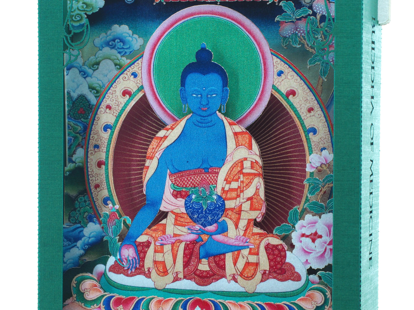 Buddha of Medicine. Paper pop up 3d shadow box card. Icon miniature folded. Yoga, teacher, meditation.