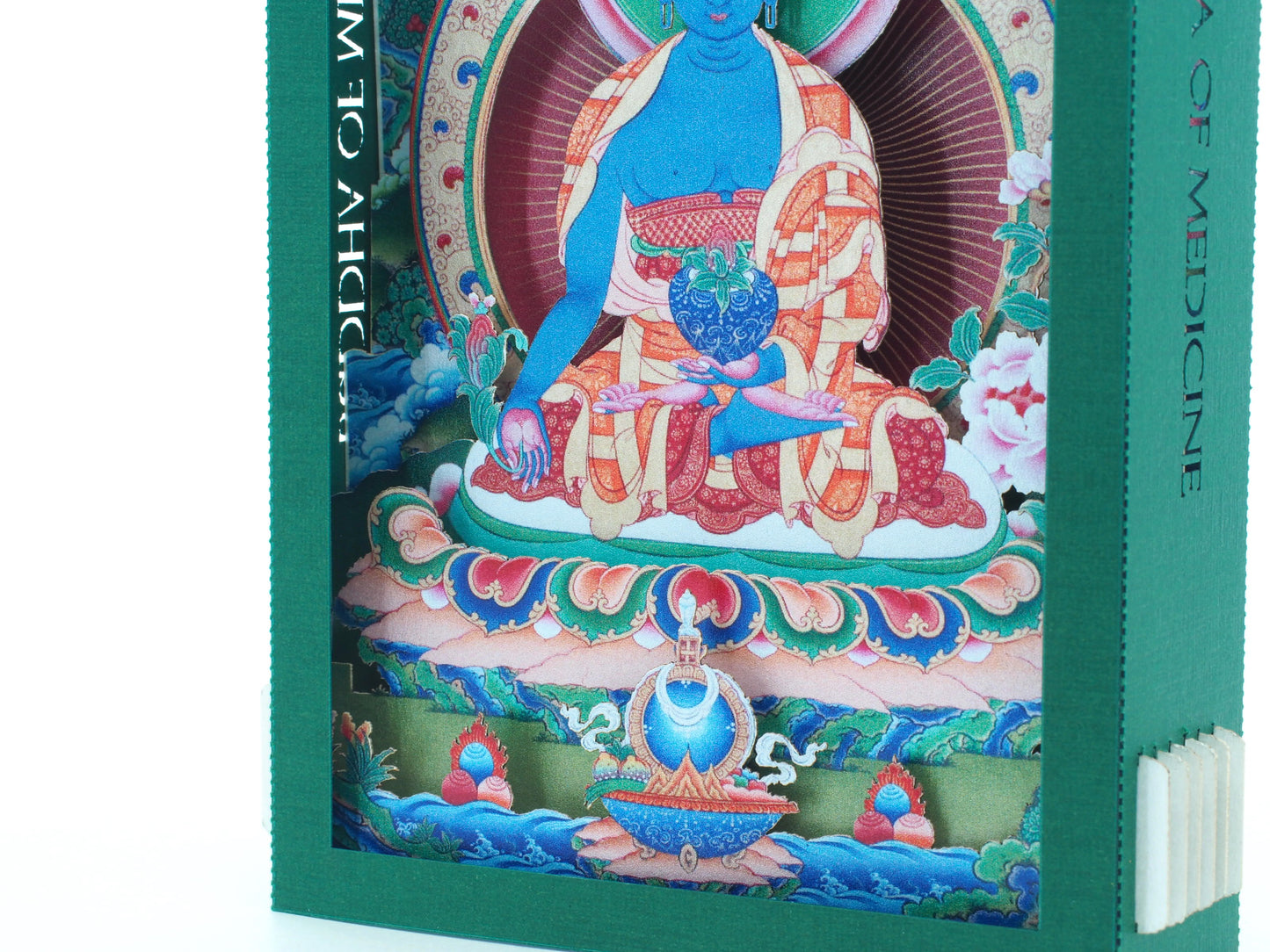 Buddha of Medicine. Paper pop up 3d shadow box card. Icon miniature folded. Yoga, teacher, meditation.