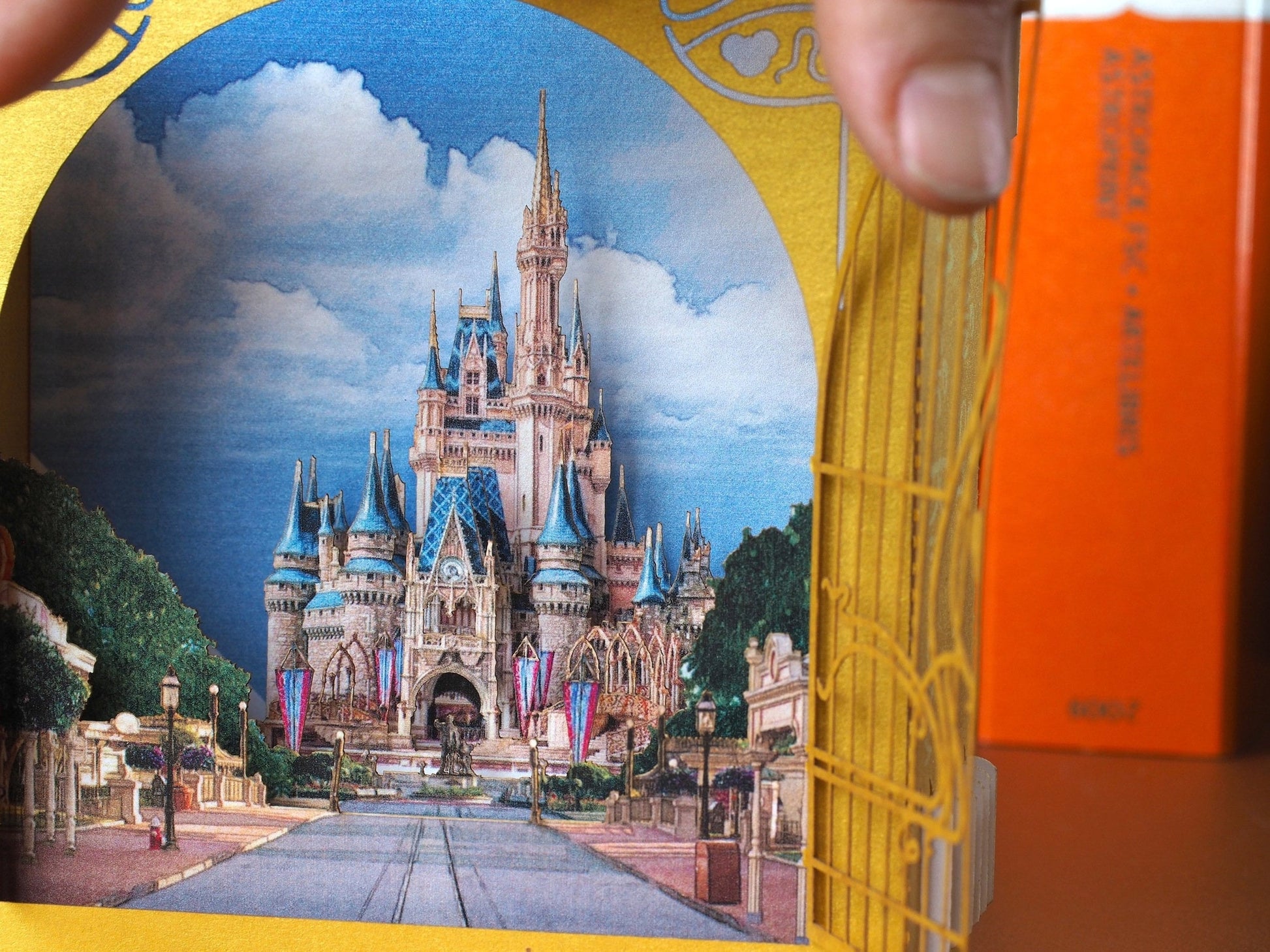 Castle Magic Kingdom paper miniature gift card. Gold Chateau. Fairytale Palace. Child, kids birthday gifts. Greeting pop up cards Gates open