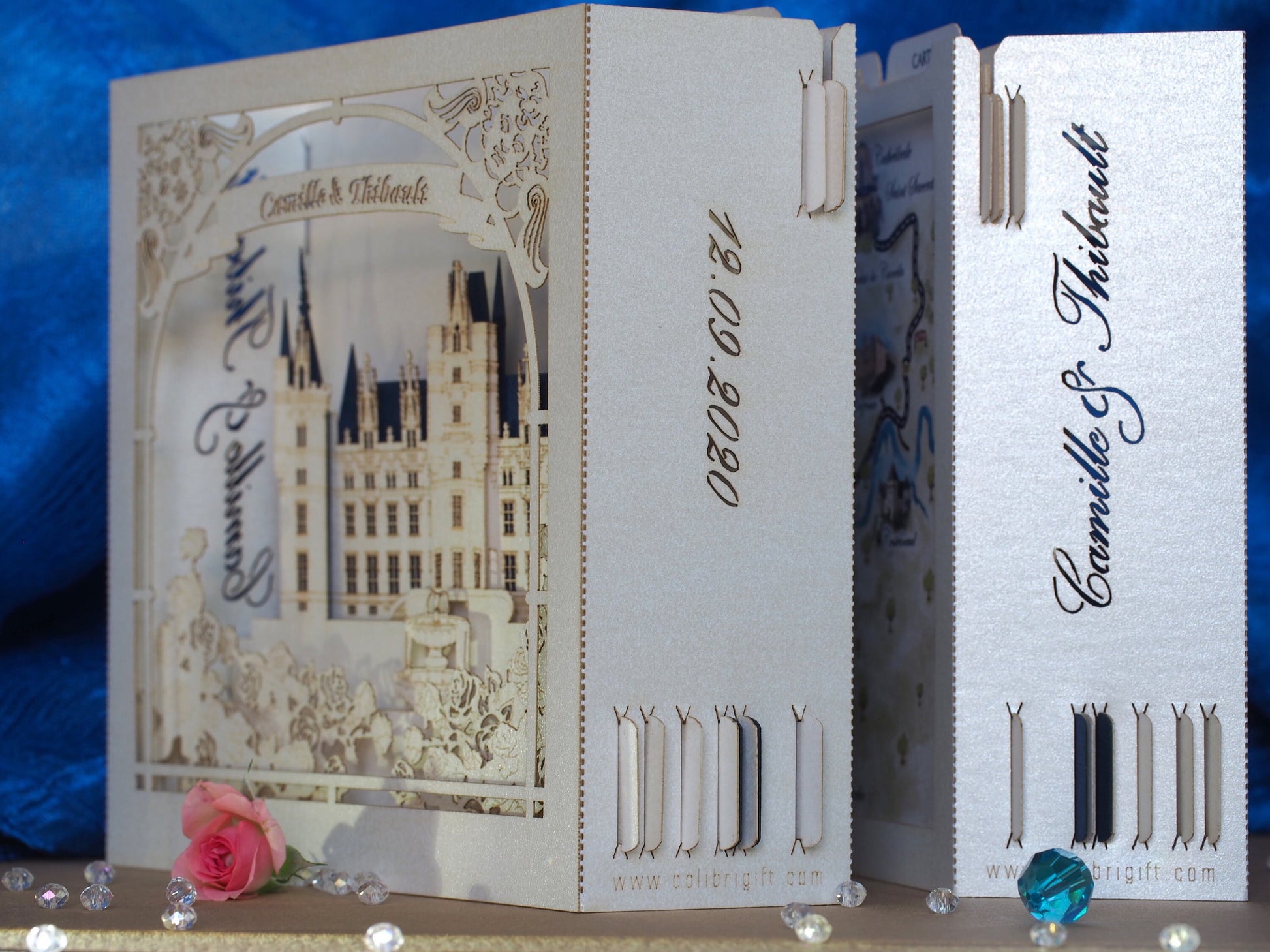 Personalised box for wedding invitation card with France Castle design Names and Day laser cut on the sides of the box