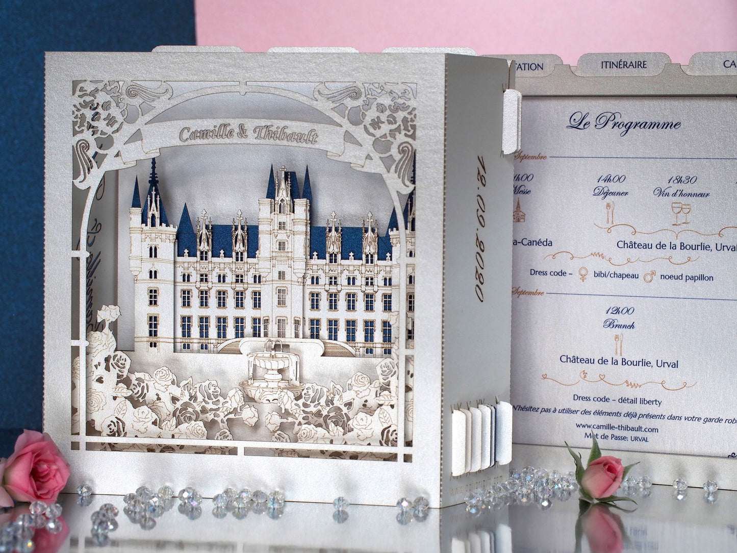 Wedding invitation 3d design France Castle with layers inside the box and RSVP cards 