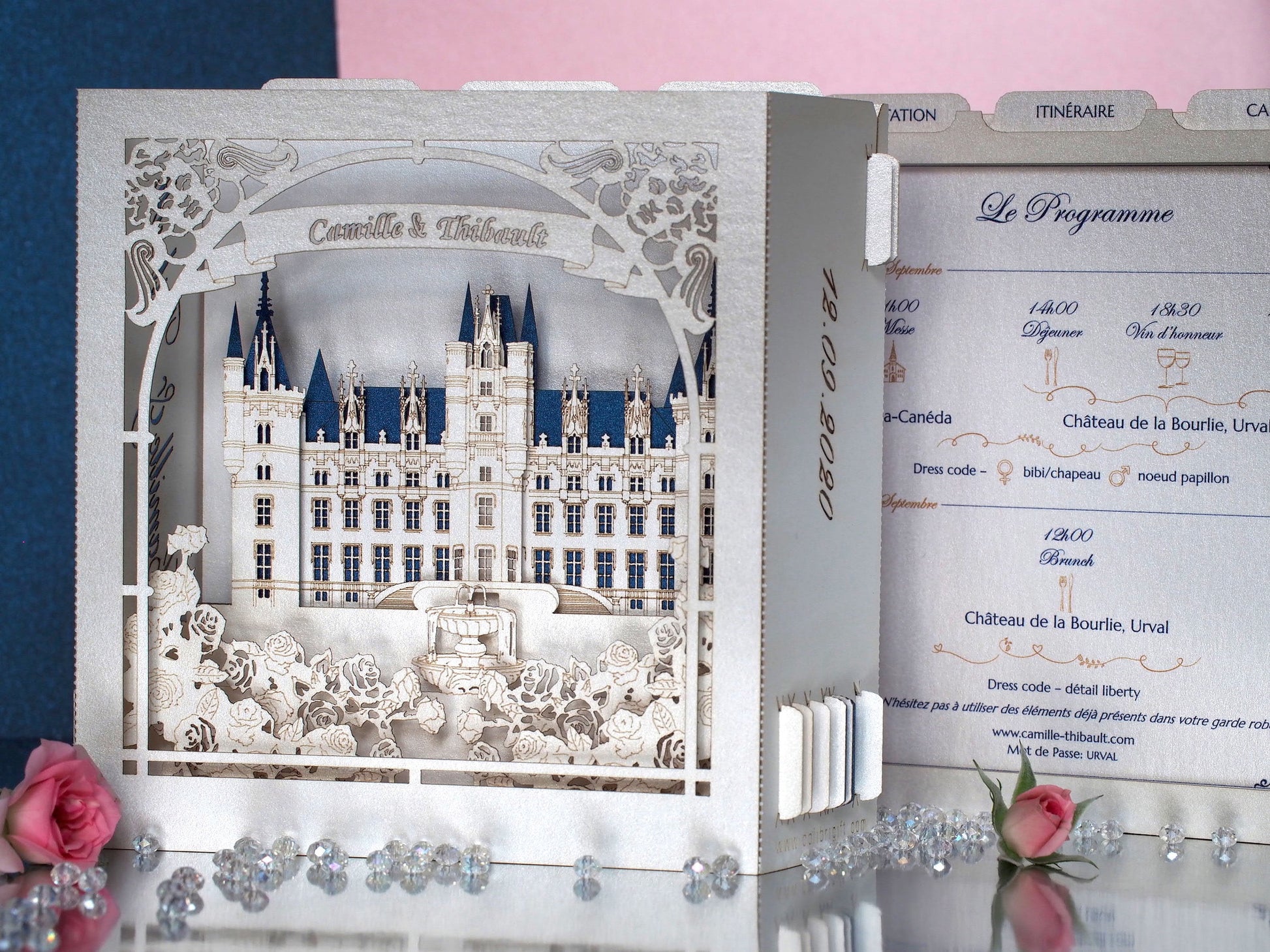 Wedding invitation 3d design France Castle with layers inside the box and RSVP cards 