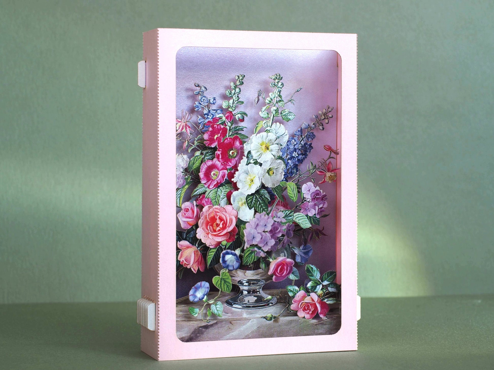 Luxury 3D pop up greeting card with vintage floral bouquet in a vase, elegant botanical still life design, premium keepsake card for birthdays and special occasions.