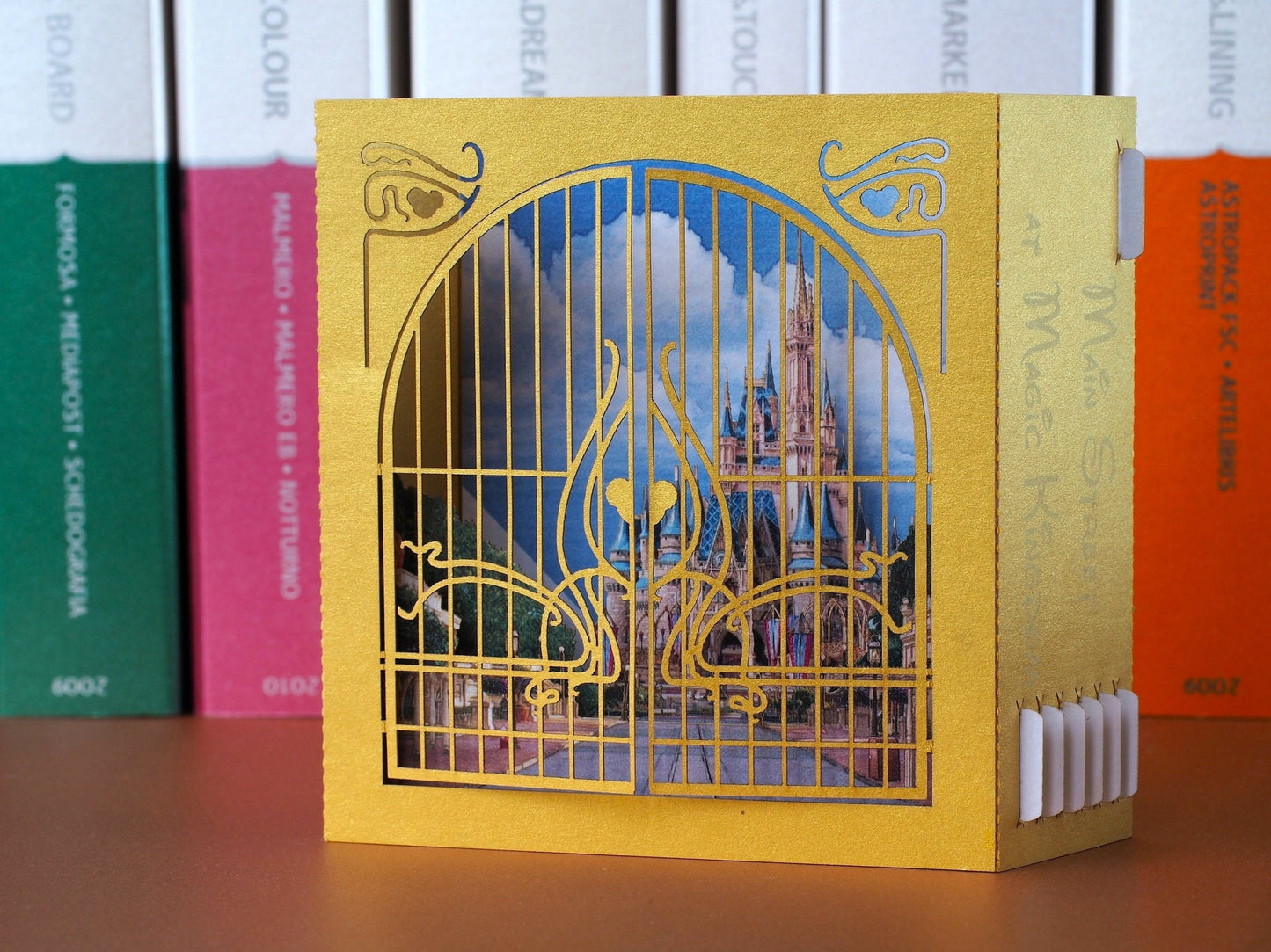 Castle Magic Kingdom paper miniature gift card. Gold Chateau. Fairytale Palace. Child, kids birthday gifts. Greeting pop up cards Gates open