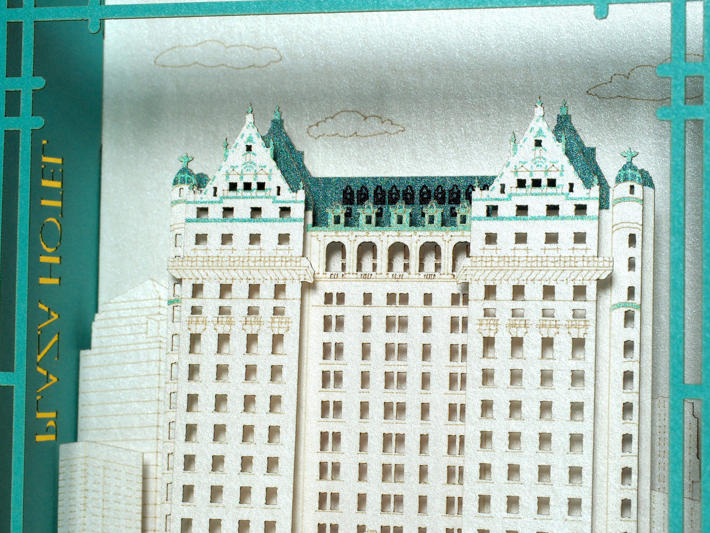 USA NYC Hotel Plaza paper pop up box card. 3d laser cut keepsake, memento gift. Personalized invite.