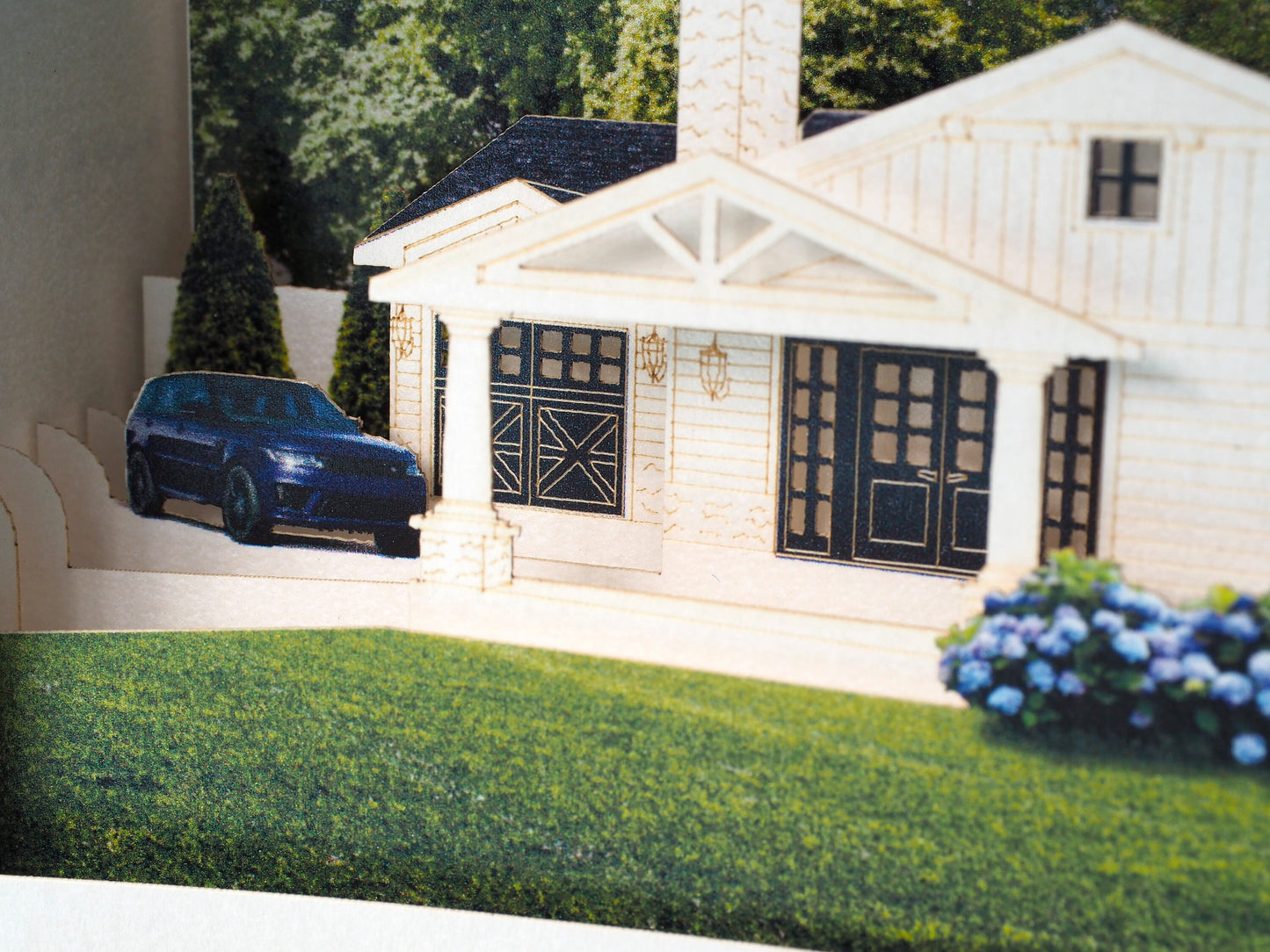 3D pop up paper villa house model greeting card with detailed miniature architecture design, elegant keepsake gift for housewarming and architecture lovers.