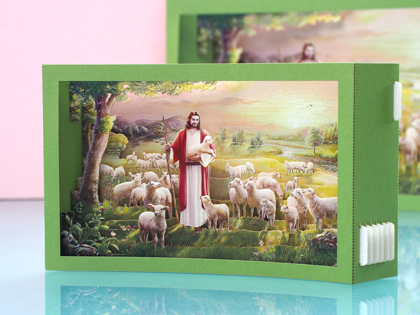 Jesus with Lambs pop up paper card, box folds flat