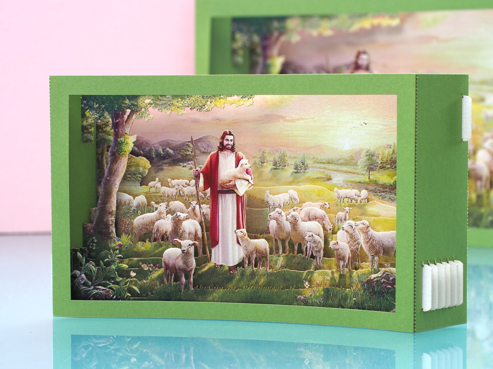 Jesus with Lambs pop up paper card, box folds flat