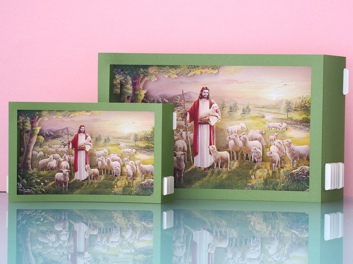 Jesus with Lambs pop up paper card, box folds flat