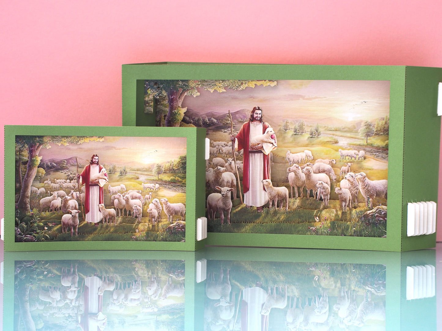 Jesus with Lambs pop up paper card, box folds flat