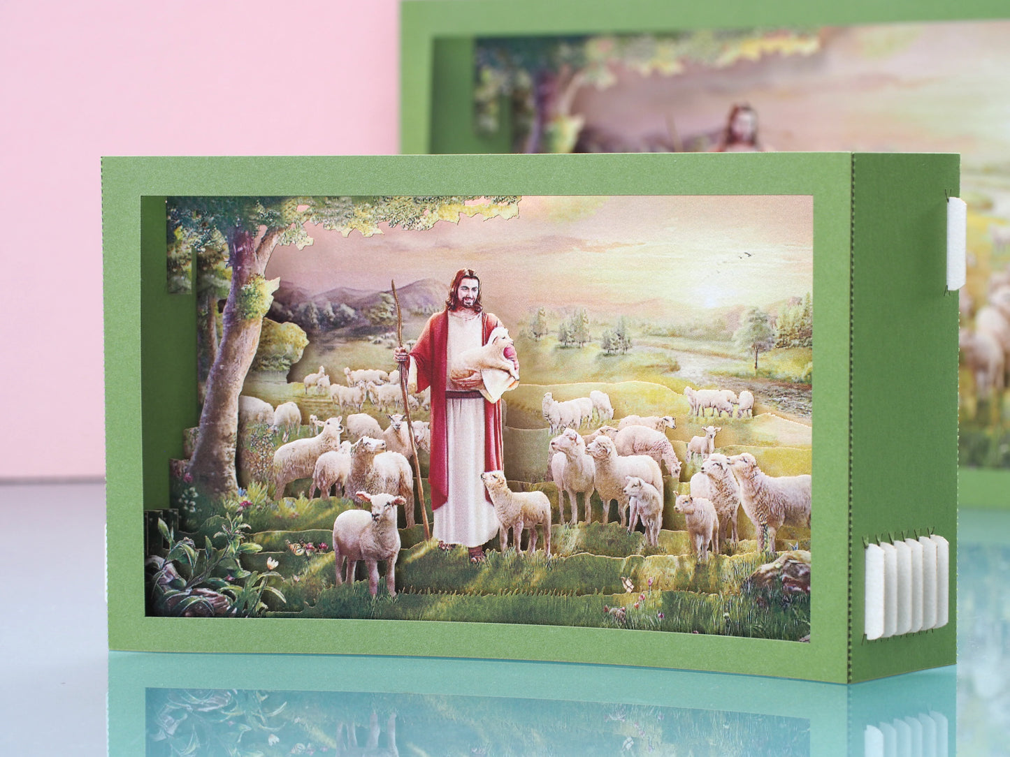 Jesus with Lambs pop up paper card, box folds flat