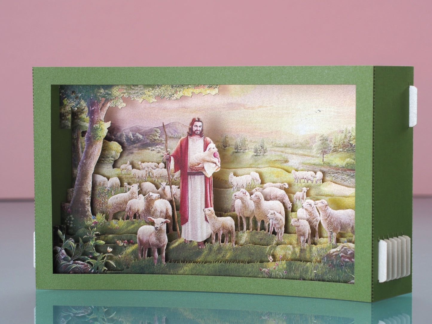 Jesus with Lambs pop up paper card, box folds flat