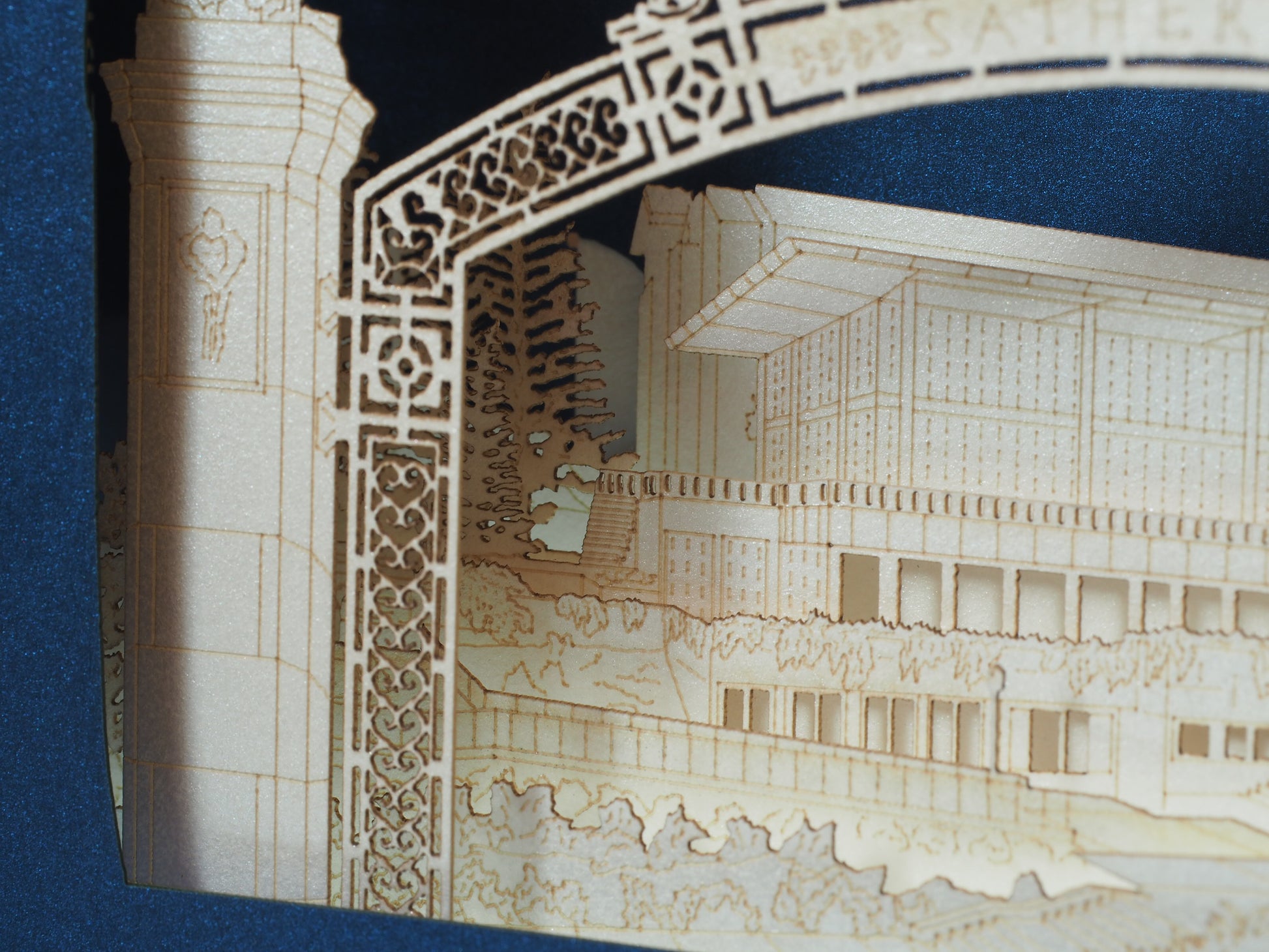 Pop up paper box card with Berkeley Center of Engineering miniature model design