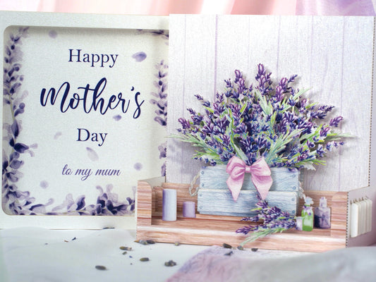 Pop up greeting card provance style. With lavender bouquet in an elegant vase, botanical floral keepsake card for birthdays and special occasions.