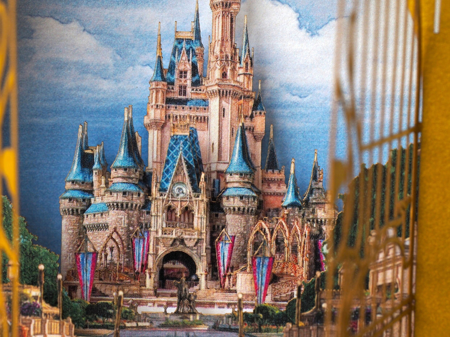 Castle Magic Kingdom paper miniature gift card. Gold Chateau. Fairytale Palace. Child, kids birthday gifts. Greeting pop up cards Gates open