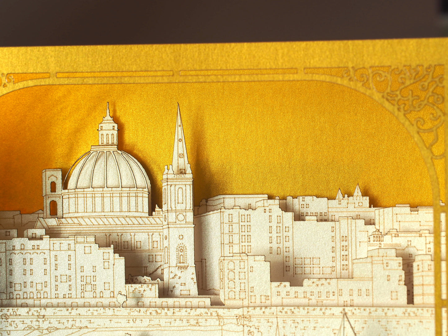 Paper 3d pop up card with Malta famous landmarks inside the box. Golden color paper box. Best gift idea for people who visited Malta as a souvenir