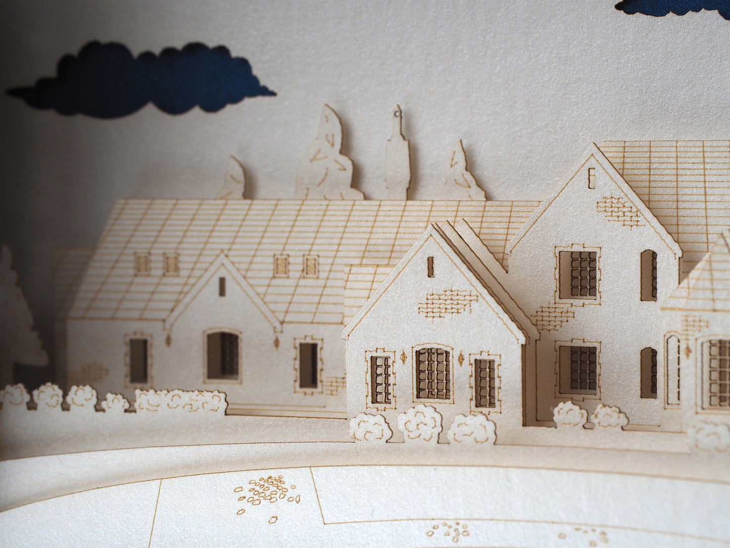 3D pop up mansion house model greeting card with detailed property architecture, unique realtor closing gift and keepsake card for real estate clients.