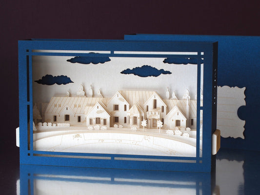 3D pop up mansion house model greeting card with detailed property architecture, unique realtor closing gift and keepsake card for real estate clients.