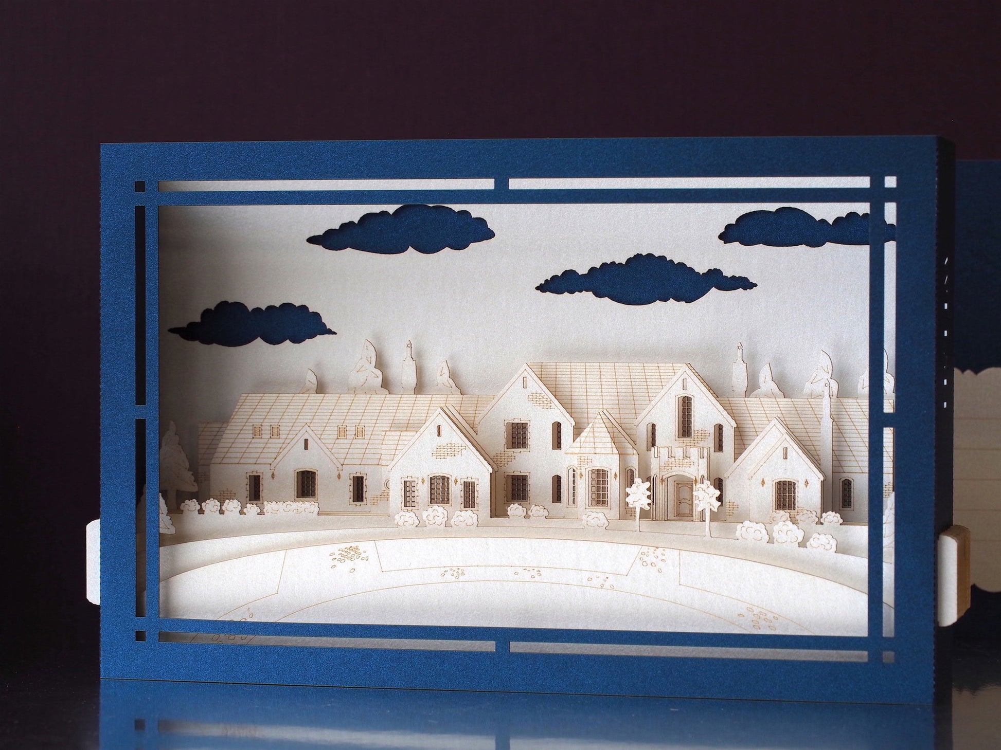 3D pop up mansion house model greeting card with detailed property architecture, unique realtor closing gift and keepsake card for real estate clients.