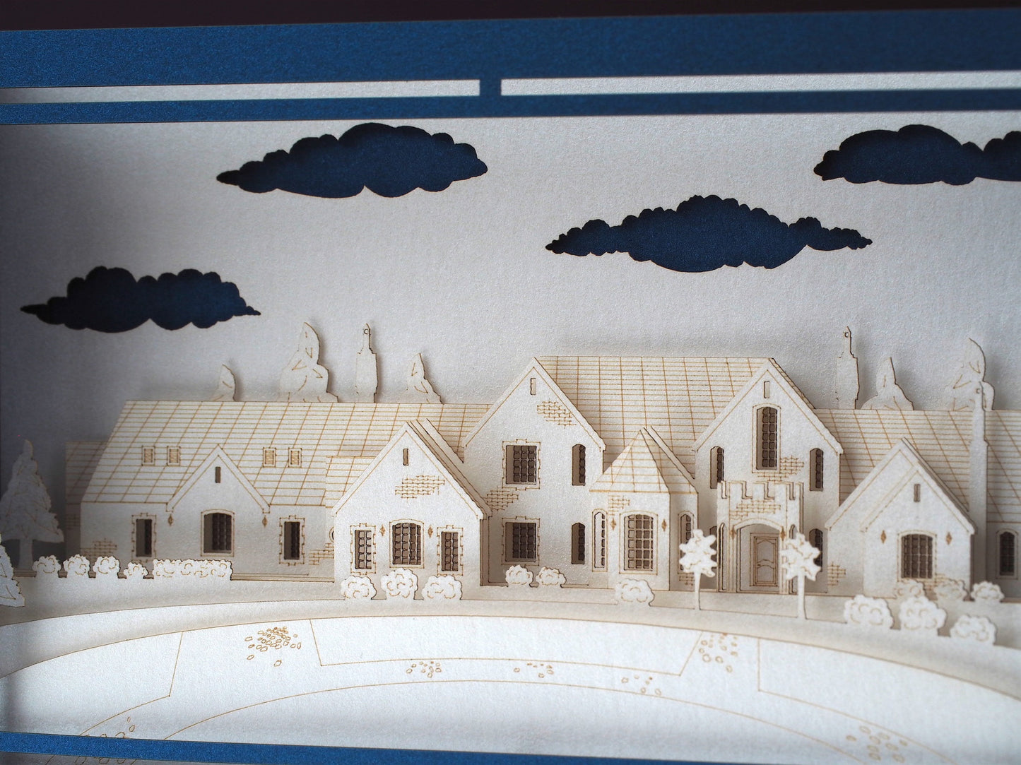 3D pop up mansion house model greeting card with detailed property architecture, unique realtor closing gift and keepsake card for real estate clients.