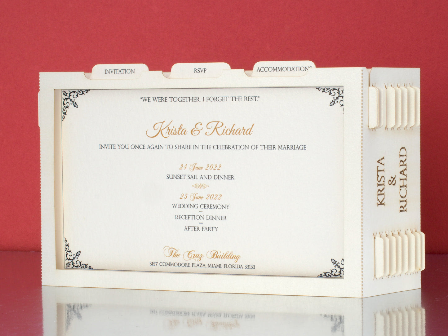 Miami Florida Commodore Plaza. Wedding invitation pop up box folded card. The Cruz Building.