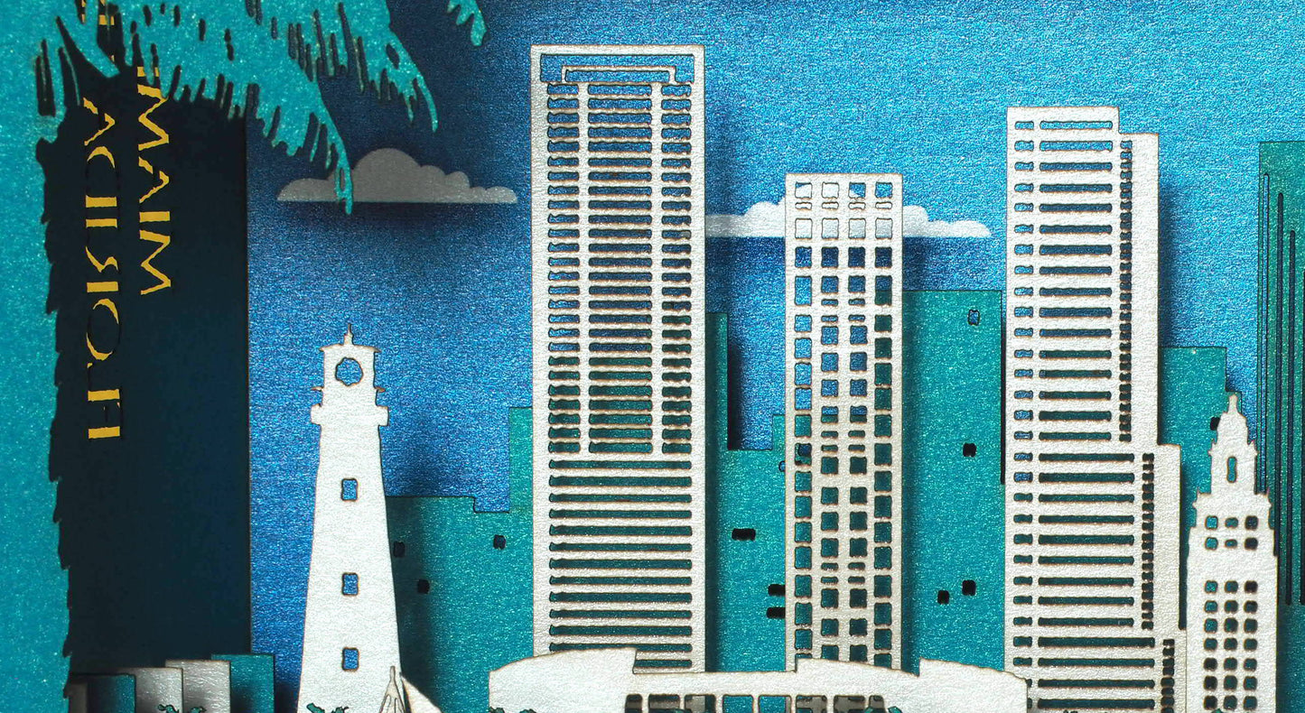 Miami USA Florida pop up paper card. Shadow box 3d model miniature gift.