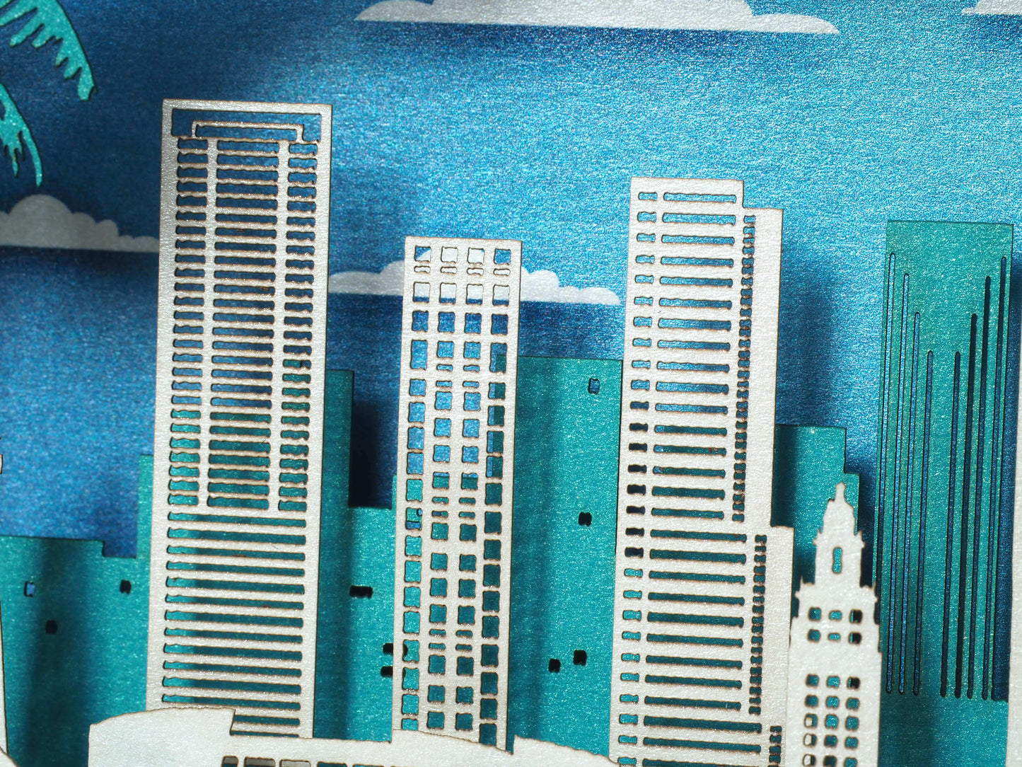 Miami USA Florida pop up paper card. Shadow box 3d model miniature gift.