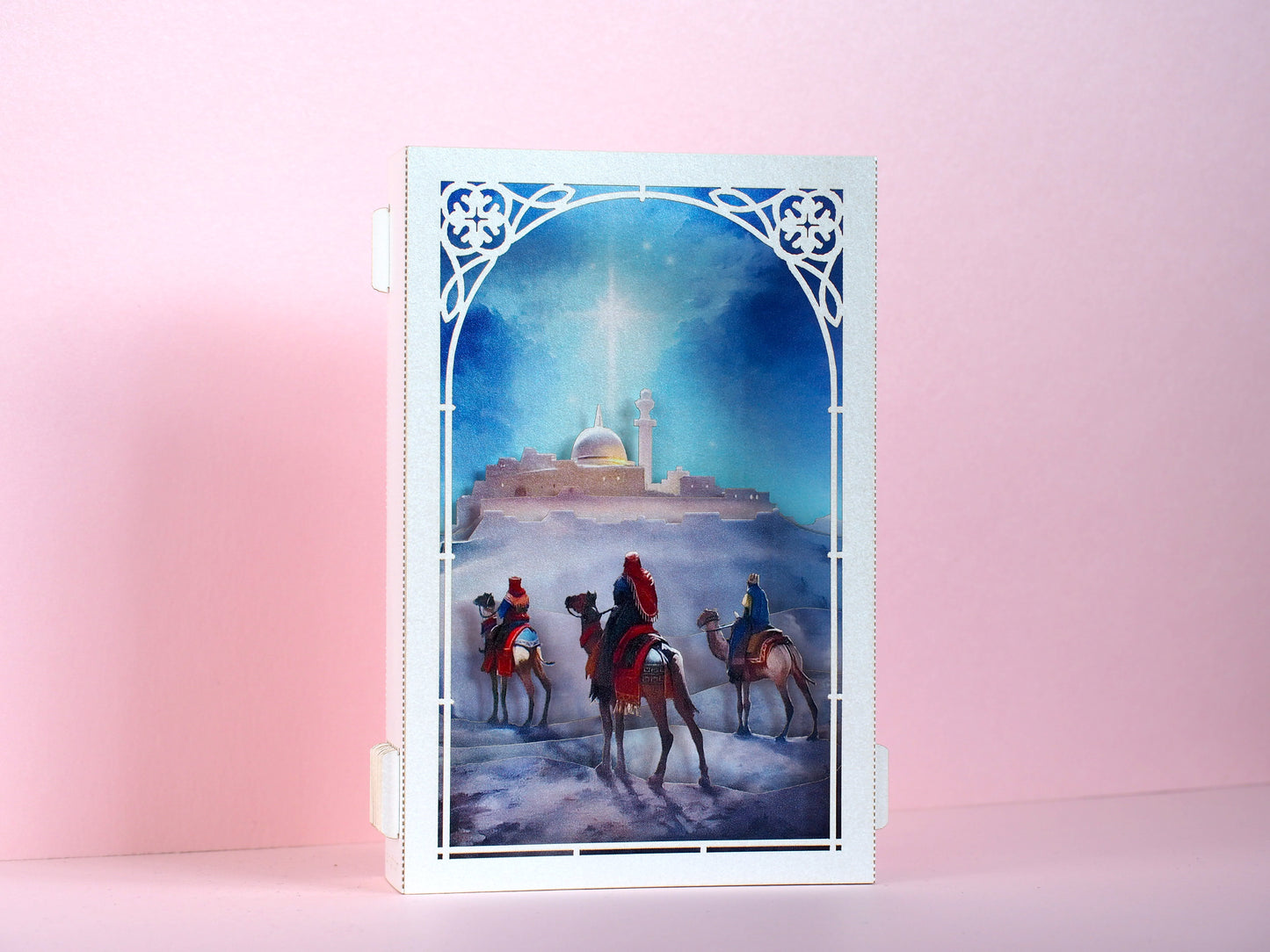Jesus Birth. Holy Night Star, Epiphany. The Nativity Scene of Jesus Birth pop up paper box card. Three Kings, Magi, Gifts. Camels