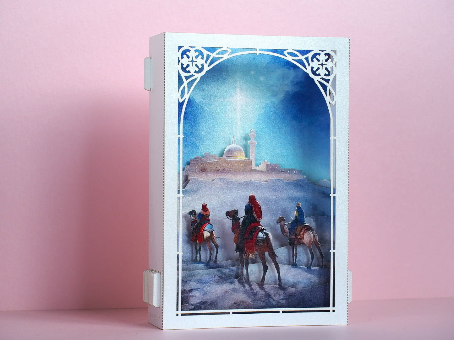 Jesus Birth. Holy Night Star, Epiphany. The Nativity Scene of Jesus Birth pop up paper box card. Three Kings, Magi, Gifts. Camels